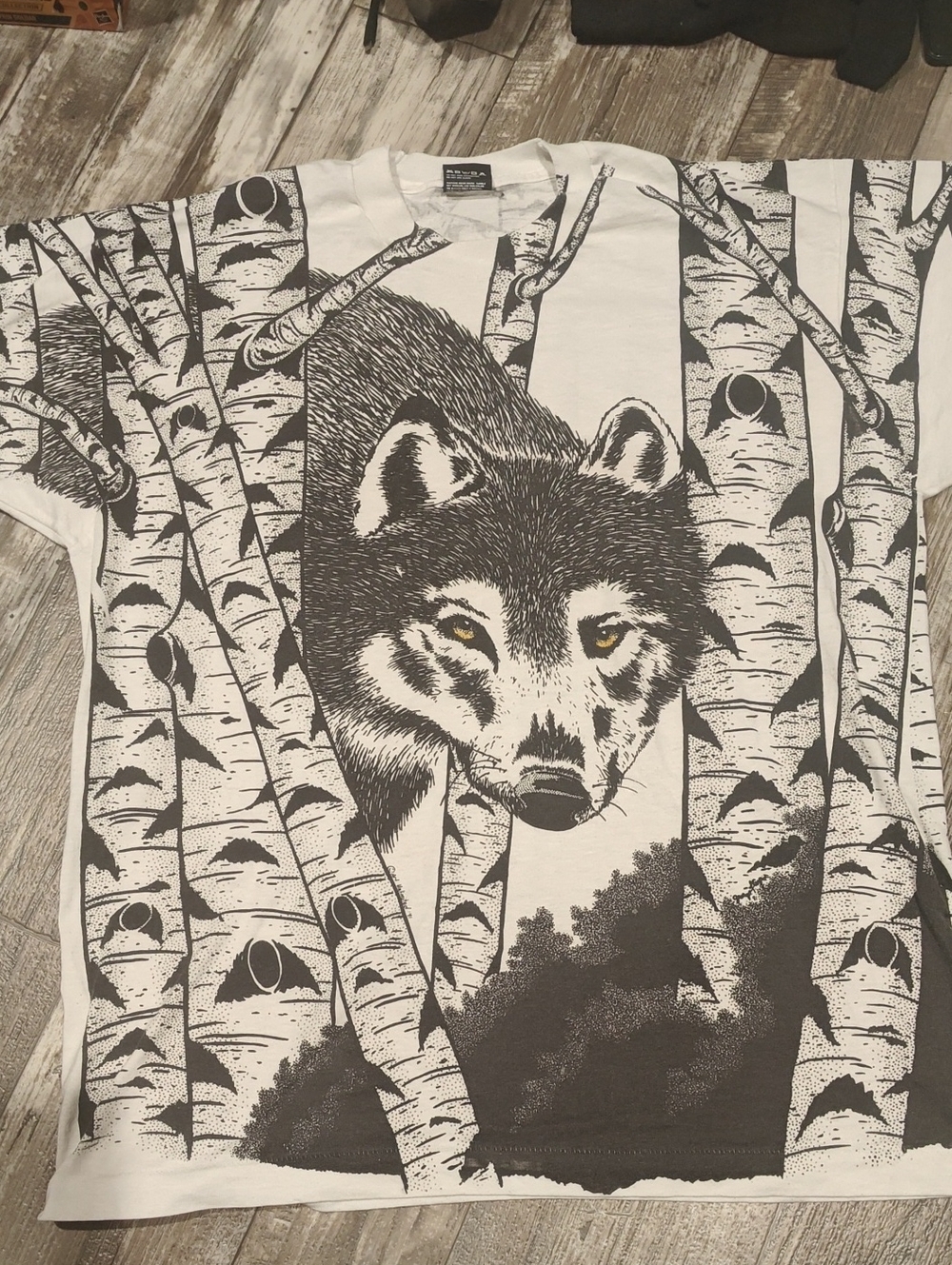 Screen Stars White Tee with Black Wolf & Birch Tree Graphic